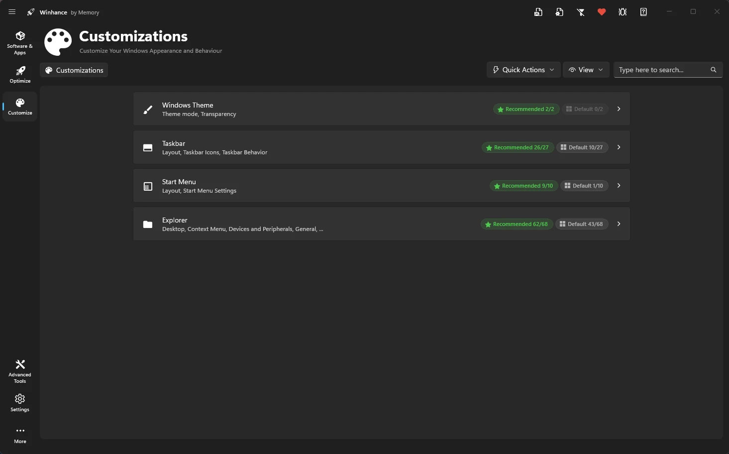 Winhance Customize screen with taskbar, Start menu and theme options